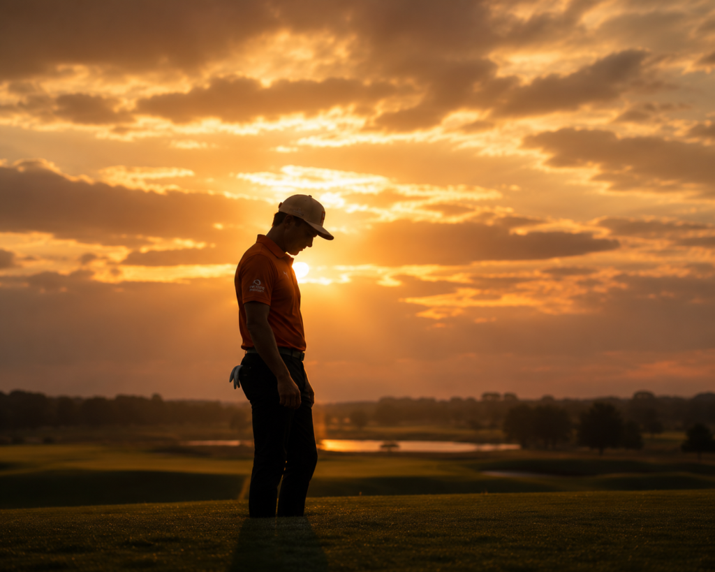 Rickie Fowler standing alone on a golf course at sunset, reflecting during a quiet moment before play.