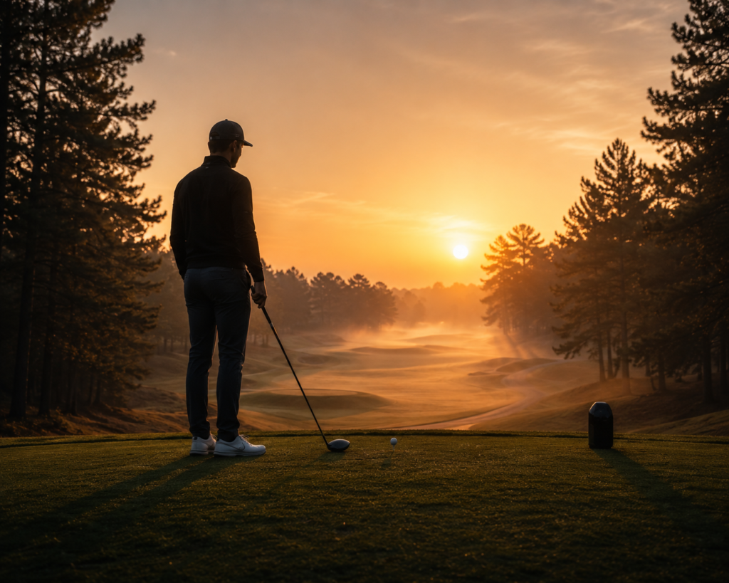 Golfer preparing to hit a Callaway Paradym Ai Smoke Driver at sunrise during independent on-course testing.