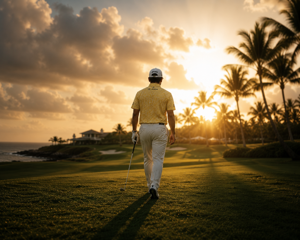 Golfer in a yellow shirt walking toward the setting sun at Albany Golf Course during the 2025 Hero World Challenge in the Bahamas.