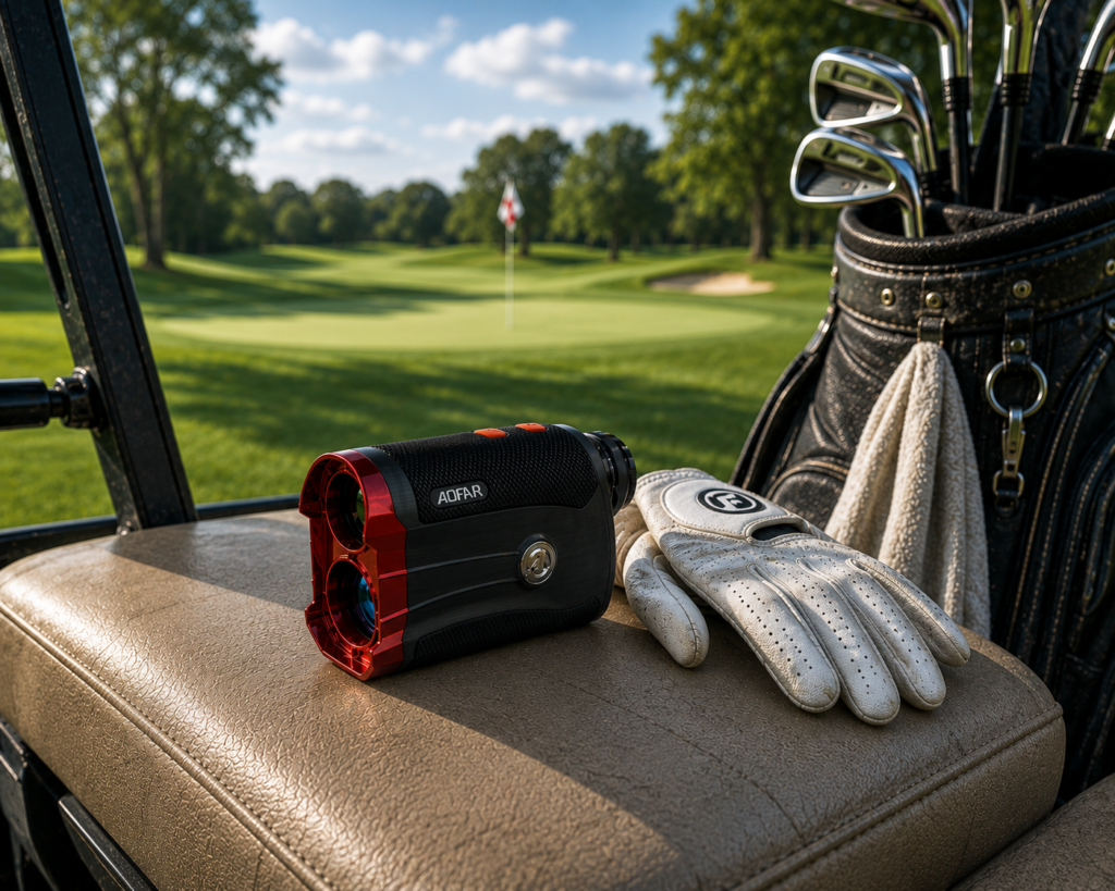 AOFAR GX-2S golf rangefinder resting on a golf cart seat beside a golf glove with a green and flagstick in the background.