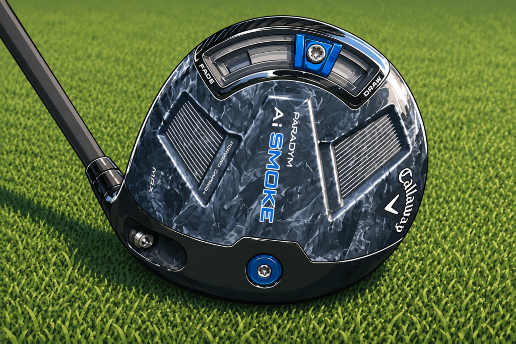 Stylized illustration of the Callaway Paradym Ai Smoke Triple Diamond driver sole showing the carbon chassis, adjustable weight track, and premium construction.