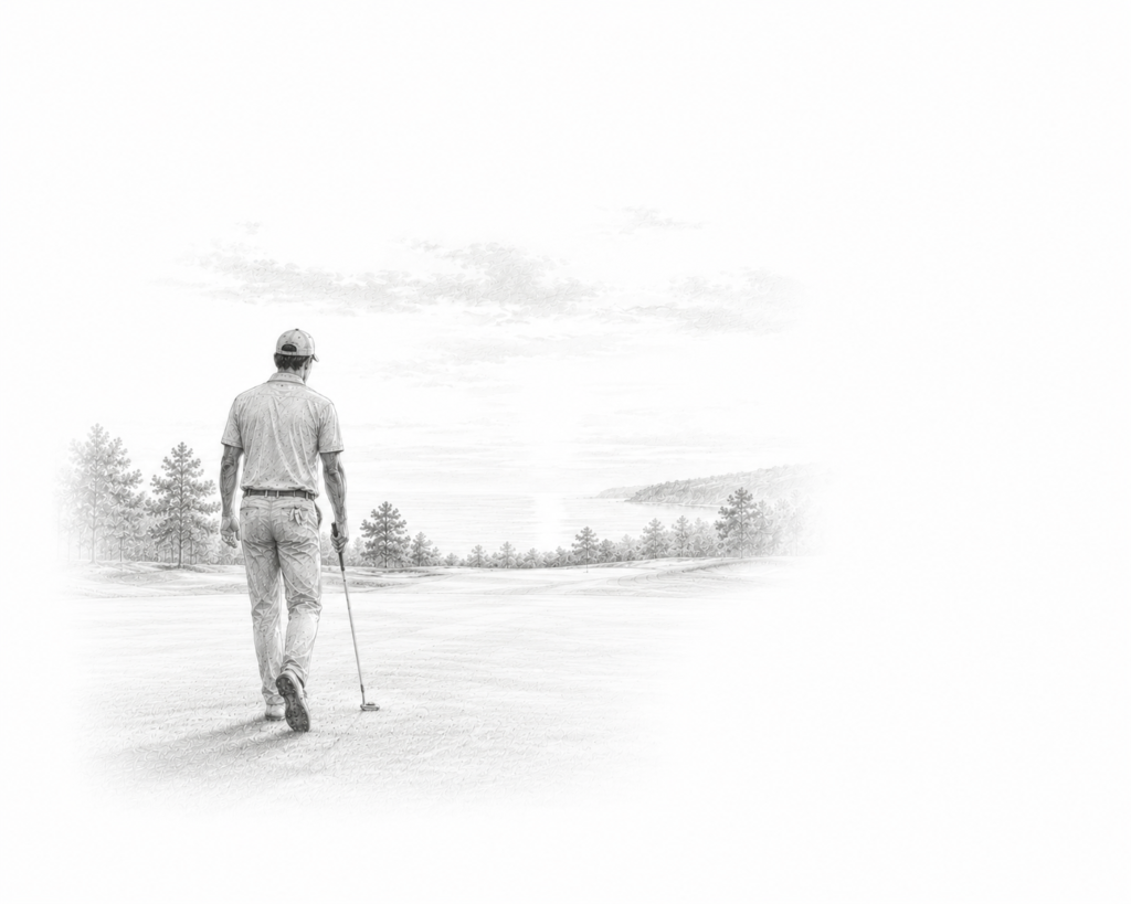 Graphite illustration of a lone golfer walking down a fairway toward a distant coastal horizon after a difficult round.