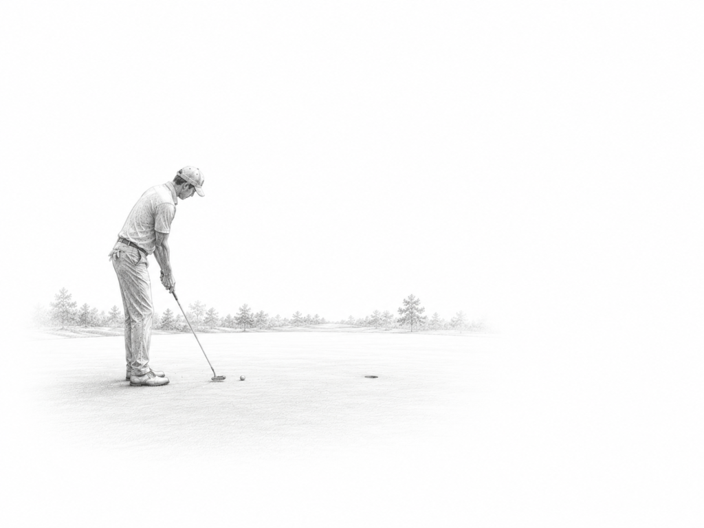 Graphite illustration of a golfer standing over a decisive putt on a nearly empty green.