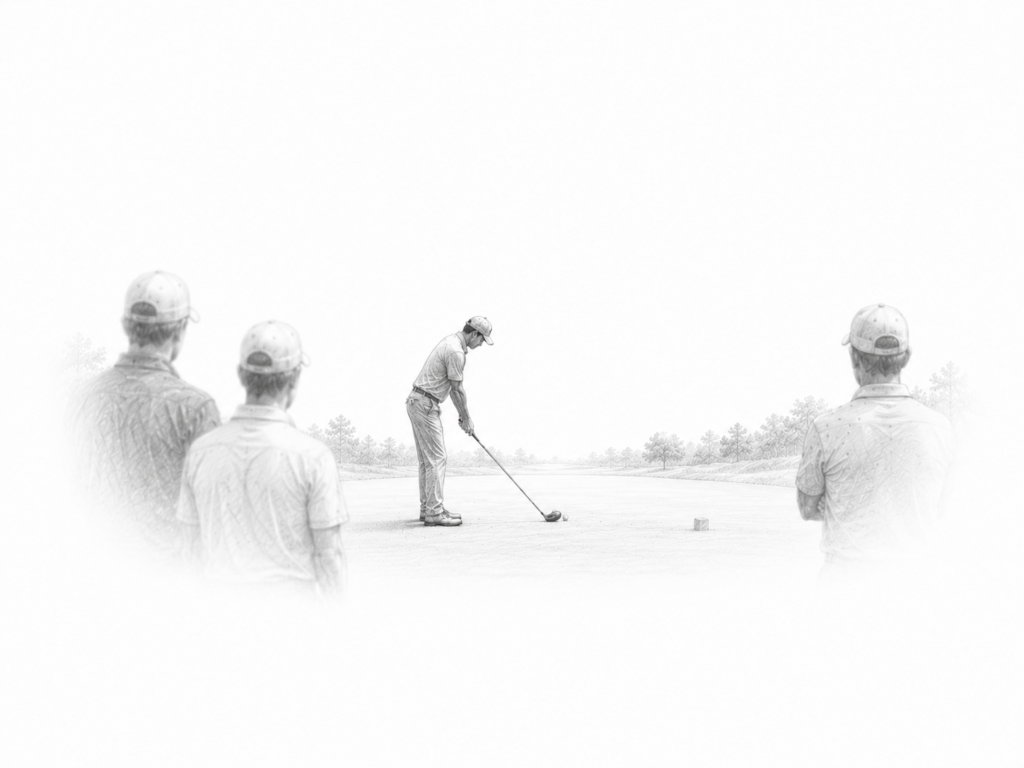 Graphite illustration of a golfer preparing to tee off while a few blurred spectators quietly watch.