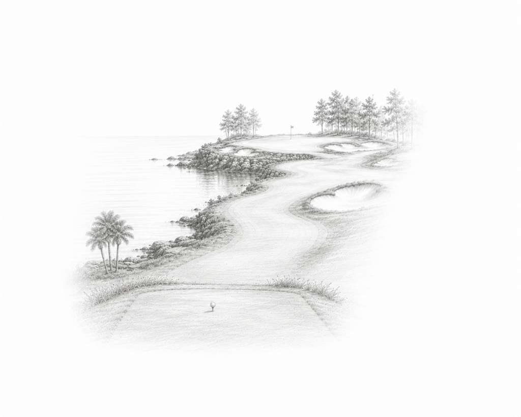 Graphite illustration of a dramatic coastal golf hole viewed from the tee with a single golf ball waiting to be struck.