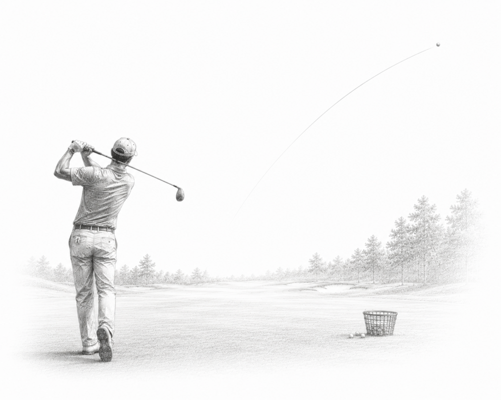 Graphite illustration of a golfer watching a drive curve dramatically toward the right rough