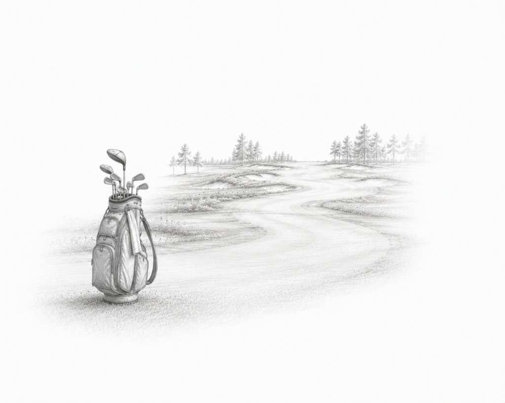 Graphite illustration of a lone golf bag standing beside a winding fairway disappearing into the distance beneath an expansive white sky.
