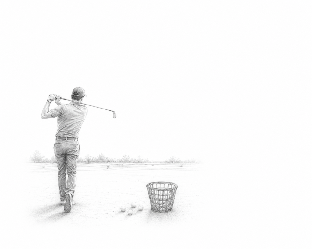 Graphite illustration of a lone golfer hitting the final practice balls beside a range basket.