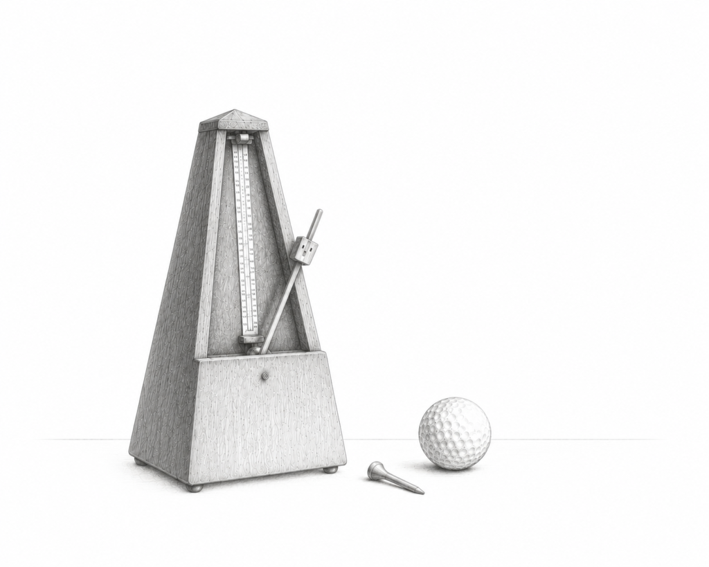 Graphite illustration of a metronome beside a golf ball and tee on a subtle tabletop.