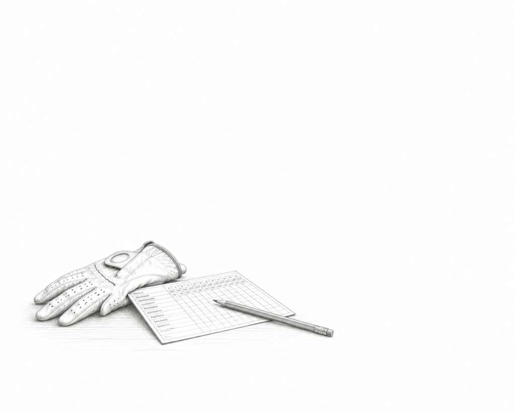Graphite illustration of a golf scorecard, pencil and glove arranged before the start of a round.