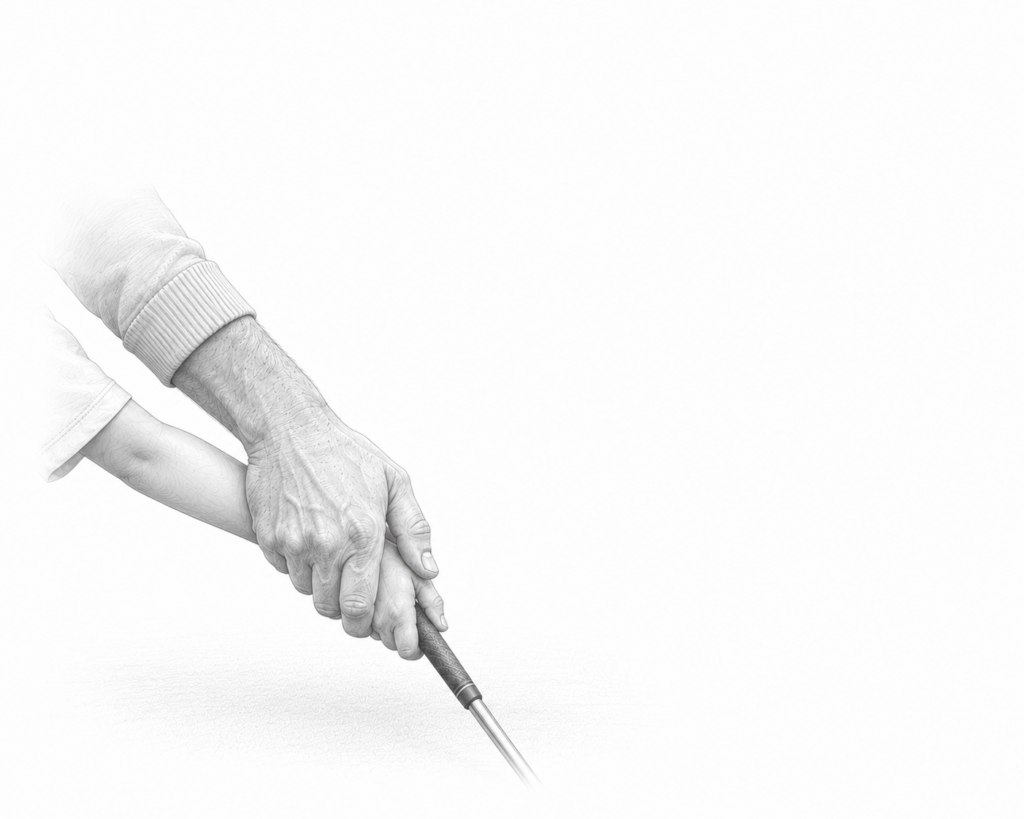 Graphite illustration of an adult gently guiding a child's hands on a golf club.