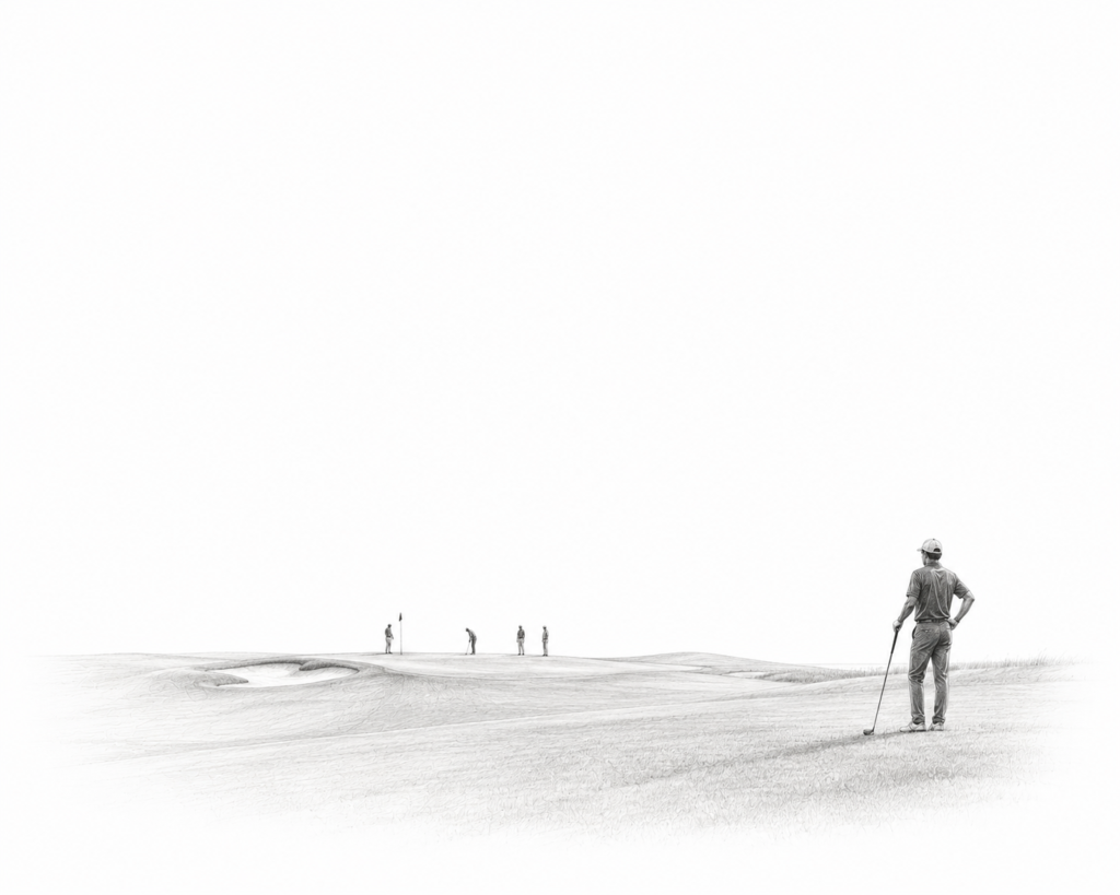Graphite illustration of a golfer waiting on the tee while another group finishes on the green.