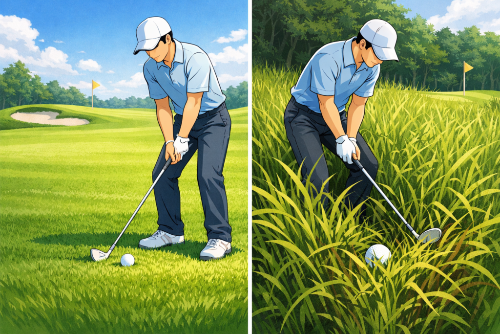 Editorial illustration comparing a golf ball resting in the fairway and in deep rough, demonstrating the Rule 1 principle of playing the course as you find it.