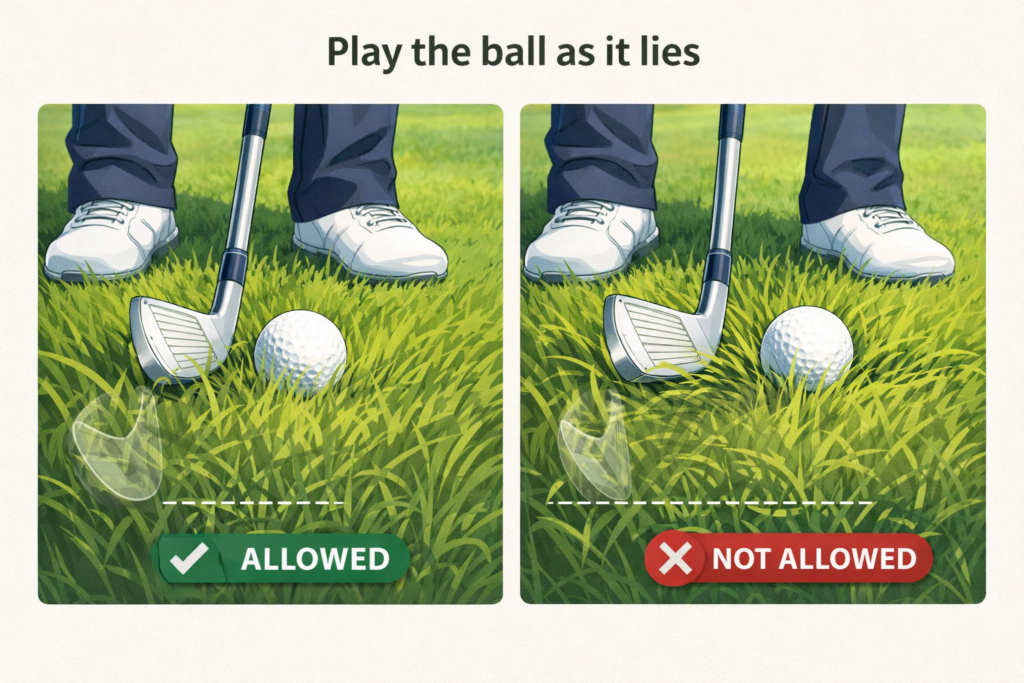 Educational illustration showing when a golfer may play the ball as it lies and when improving the lie is not permitted under Rule 1 of the Rules of Golf.