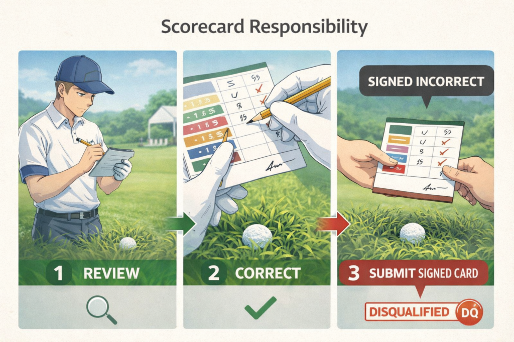 Educational infographic illustrating a golfer reviewing, correcting and signing a scorecard to demonstrate player responsibility under Rule 1 of the Rules of Golf.