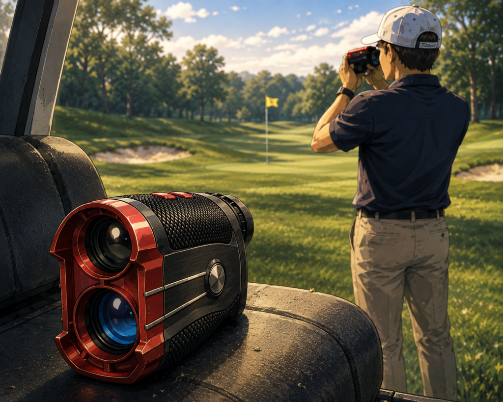 Golfer using the AOFAR GX-2S rangefinder toward a flag from beside a golf cart