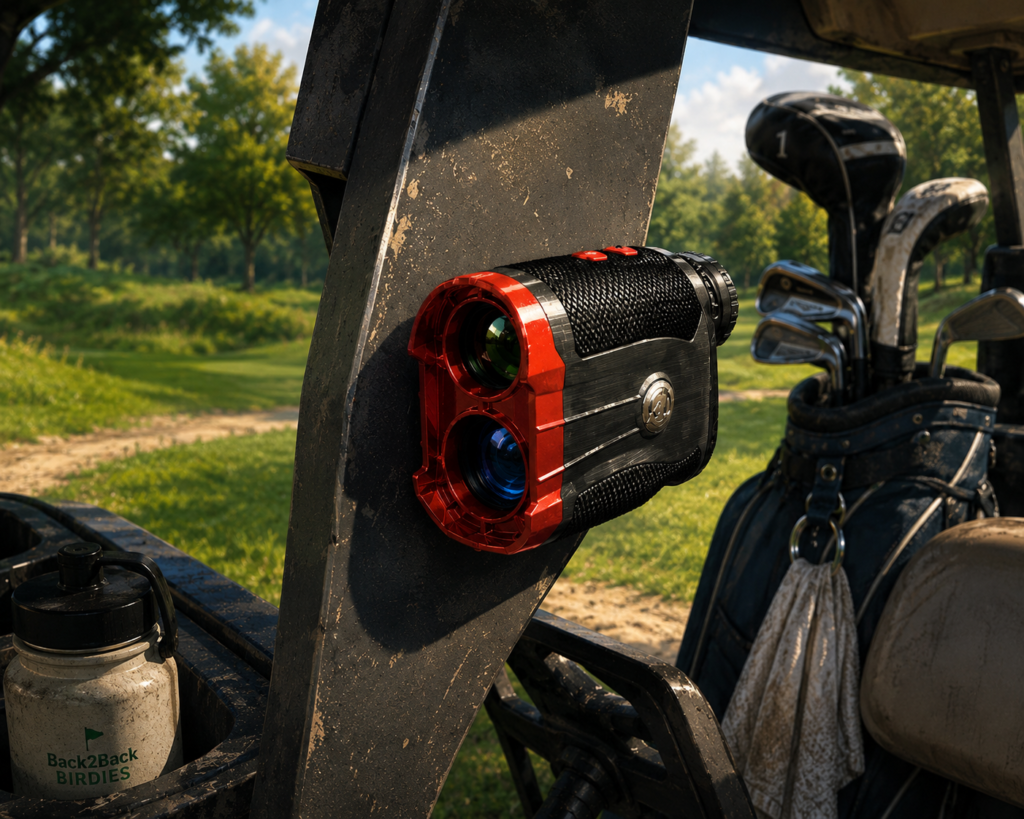AOFAR GX-2S rangefinder secured magnetically to the upright support of a golf cart