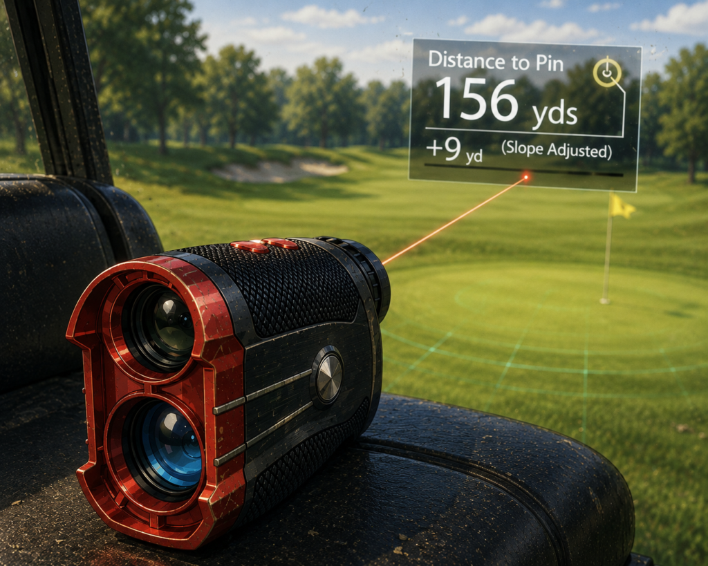 AOFAR GX-2S rangefinder illustrating a 156-yard reading with slope adjustment