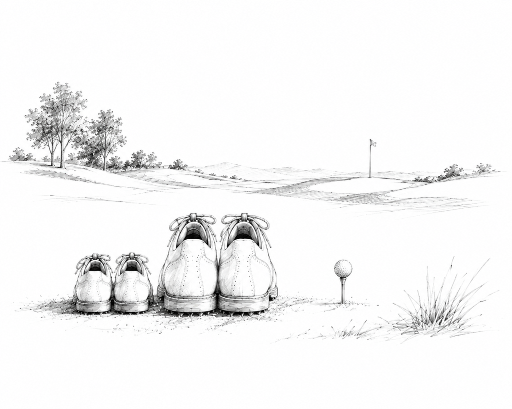Minimal graphite notebook illustration of a child's golf shoes beside an adult's golf shoes facing a quiet golf course, symbolizing the first introduction to golf, family traditions and the beginning of a lifelong journey.