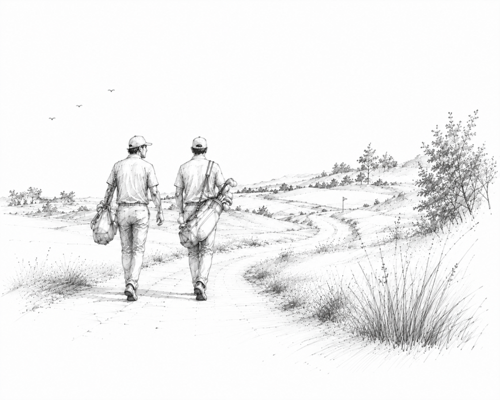 Minimal graphite notebook illustration of two lifelong golf friends walking together after a round along a winding golf course path, symbolizing friendship, quiet conversation and the enduring joy of the game.
