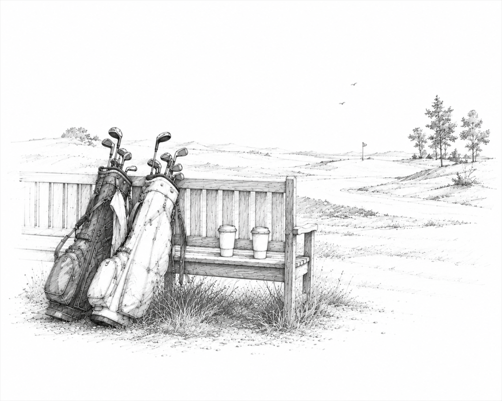 Minimal graphite notebook illustration of two golf bags resting against a wooden bench beside two coffee cups, symbolizing friendship, conversation and the quiet moments that make golf memorable.