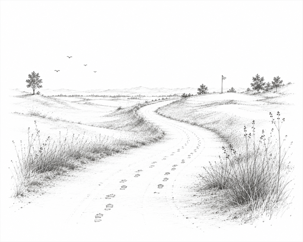 Minimal graphite notebook illustration of a winding golf course path with two sets of footprints leading toward a distant green, symbolizing enduring friendship, memories and the quiet joy that remains long after the round has ended.