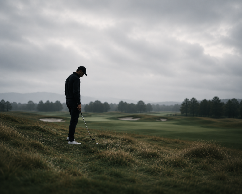 A solitary golfer pauses over a golf ball on a quiet course under soft overcast skies, reflecting the integrity and personal responsibility at the heart of Rule 1 of the Rules of Golf.