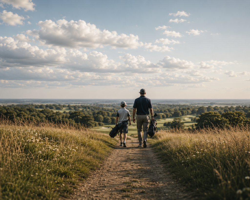 An adult and child walk together along a dirt path toward a golf course, carrying their golf bags beneath a bright summer sky.
