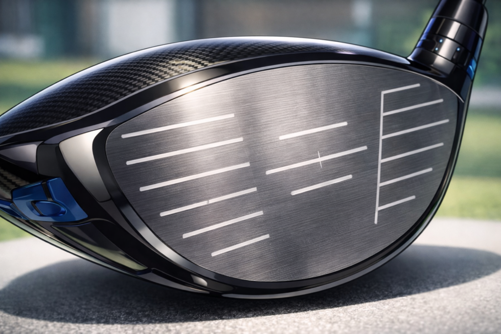 Close-up of Callaway Paradym driver face showing precision milling and alignment lines.
