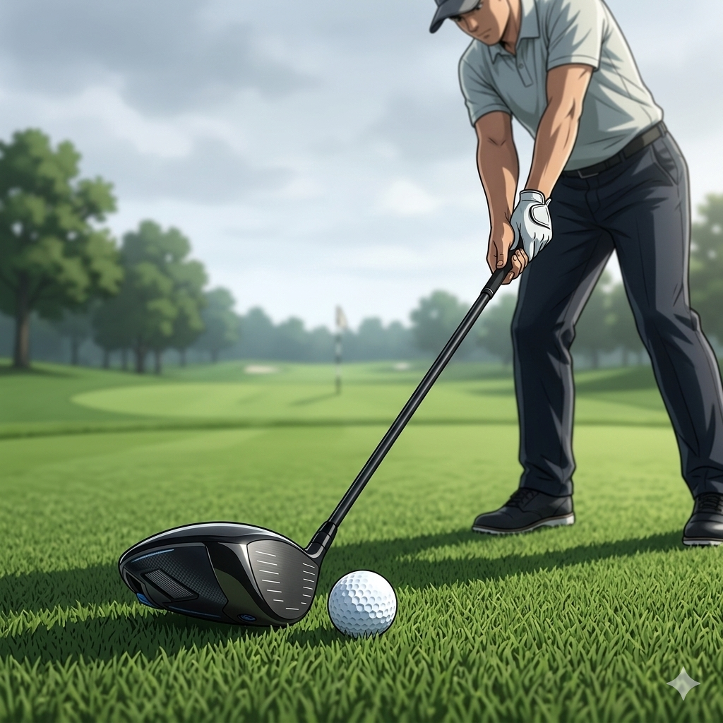 Golfer addressing golf ball with driver on tee box preparing to hit tee shot.