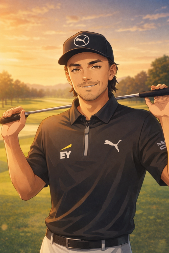 Rickie Fowler editorial portrait standing on a golf course at sunset holding a club across his shoulders.