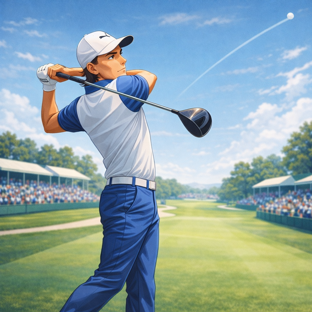 Rickie Fowler finishing a powerful driver swing on a tournament fairway with grandstands behind him.