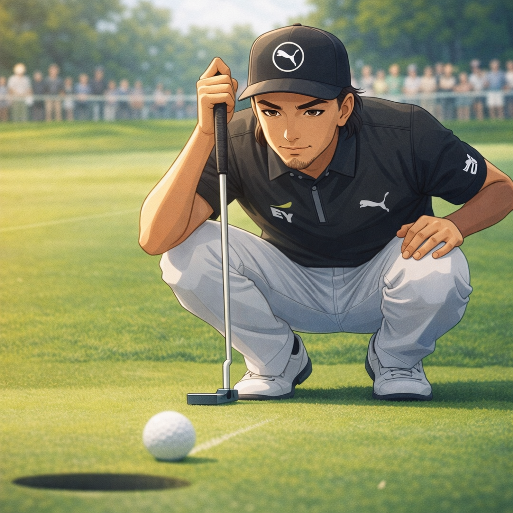 Rickie Fowler crouching on a green reading a long breaking putt during a tournament round.