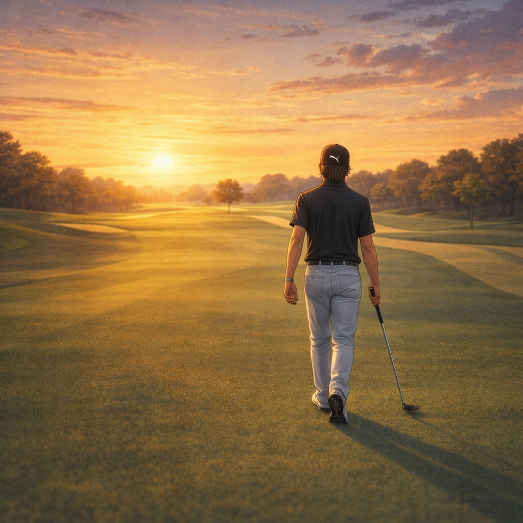 Rickie Fowler walking alone down a fairway at sunset carrying his putter after a shot.
