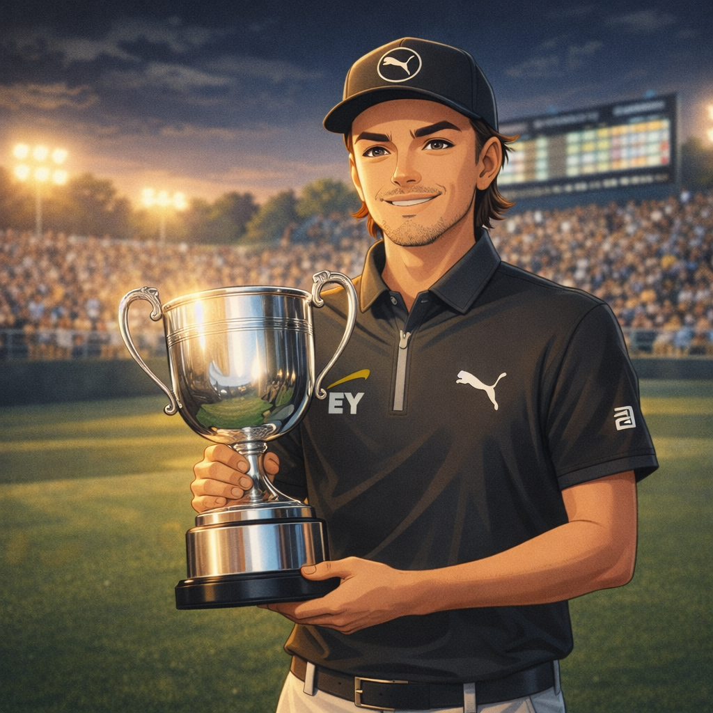 Rickie Fowler holding a championship trophy on a golf green with grandstands and stadium lights.