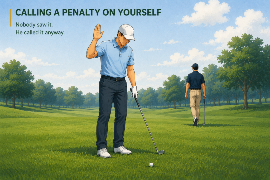Editorial illustration of a golfer raising his hand to call a penalty on himself after accidentally causing a Rules breach, demonstrating the integrity required under Rule 1 of the Rules of Golf.