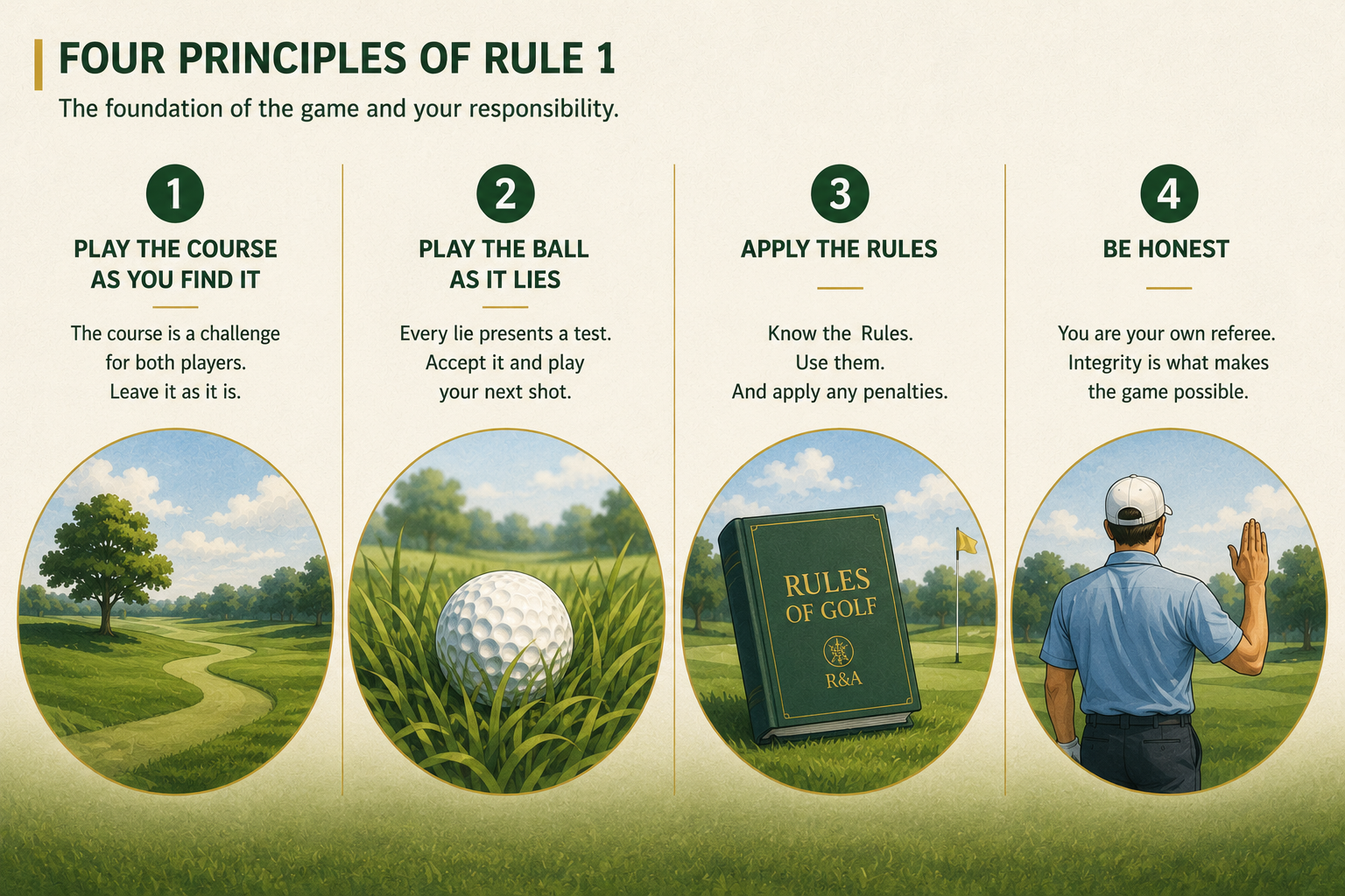 Infographic illustrating the four foundational principles of Rule 1 of the Rules of Golf: play the course as you find it, play the ball as it lies, apply the Rules, and be honest.