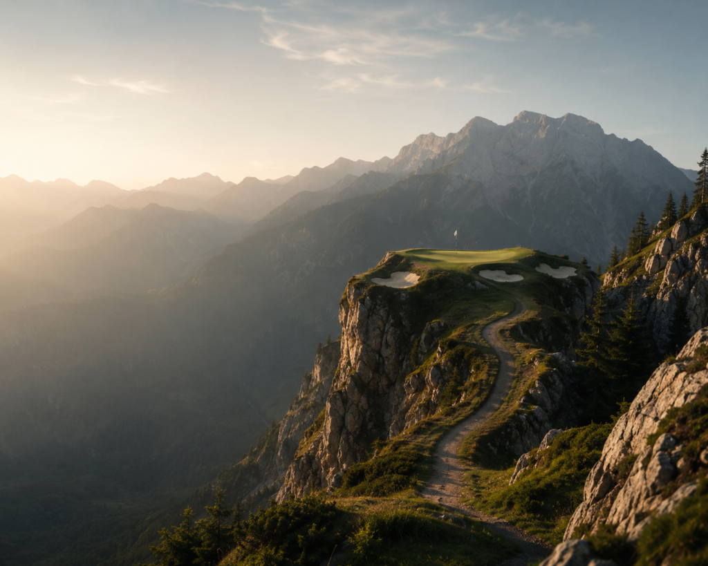 A dramatic mountain golf green perched high on a cliff at sunrise, symbolizing the challenge, courage and commitment that define the game of golf.