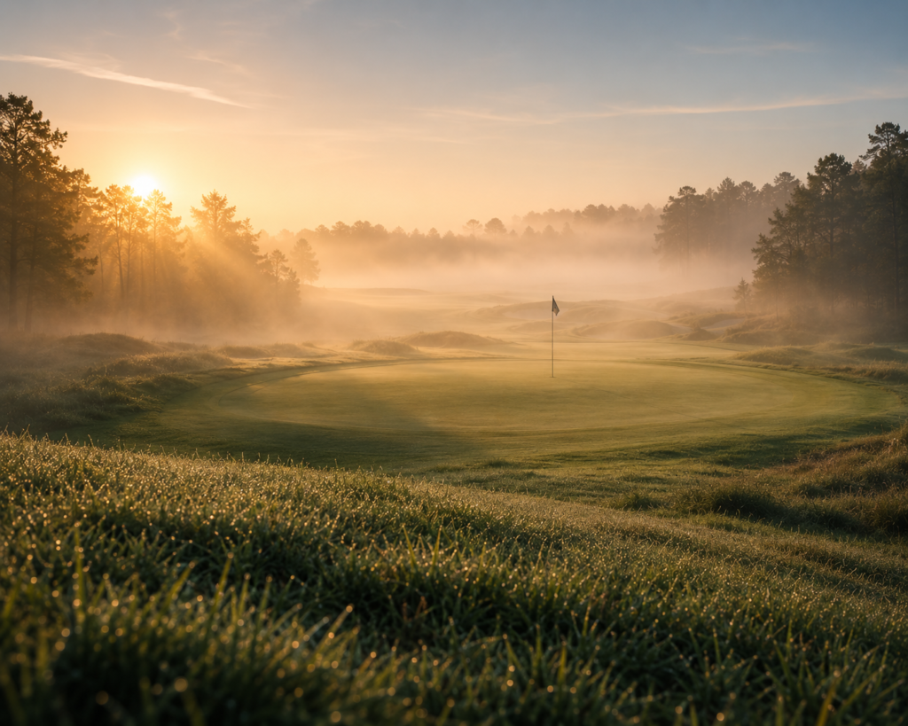 A dew-covered golf green emerging through gentle morning fog at sunrise, symbolizing patience, trust and quiet perseverance in the game of golf.